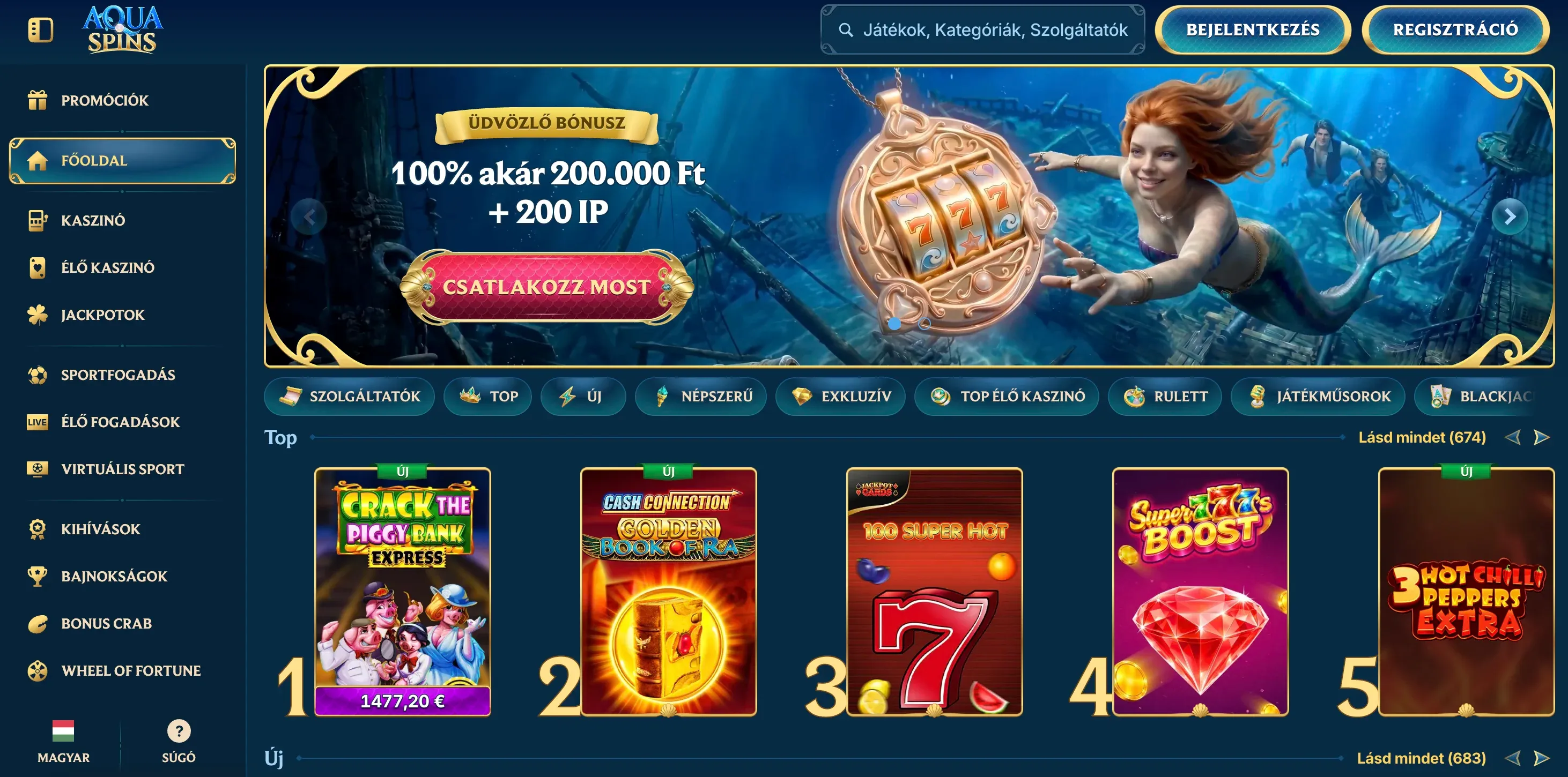 Az AquaSpins casino honlapja