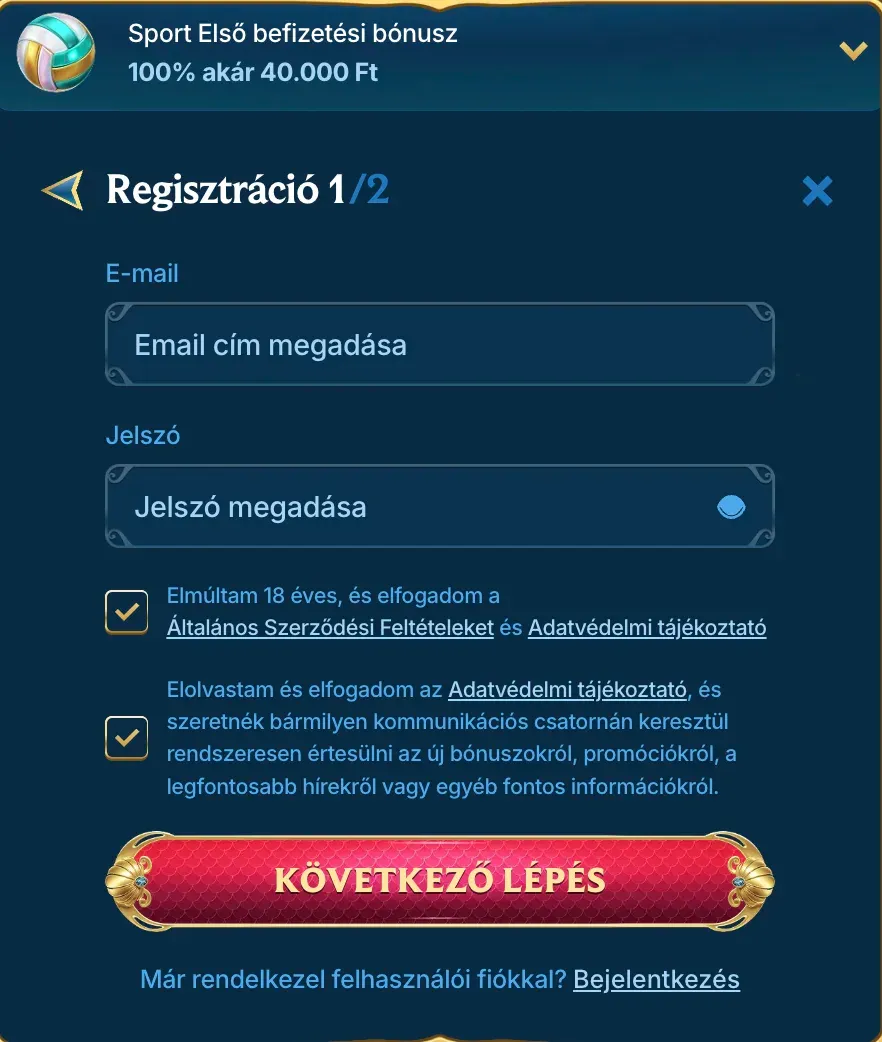 Regisztrációs űrlap az AquaSpins kaszinóban